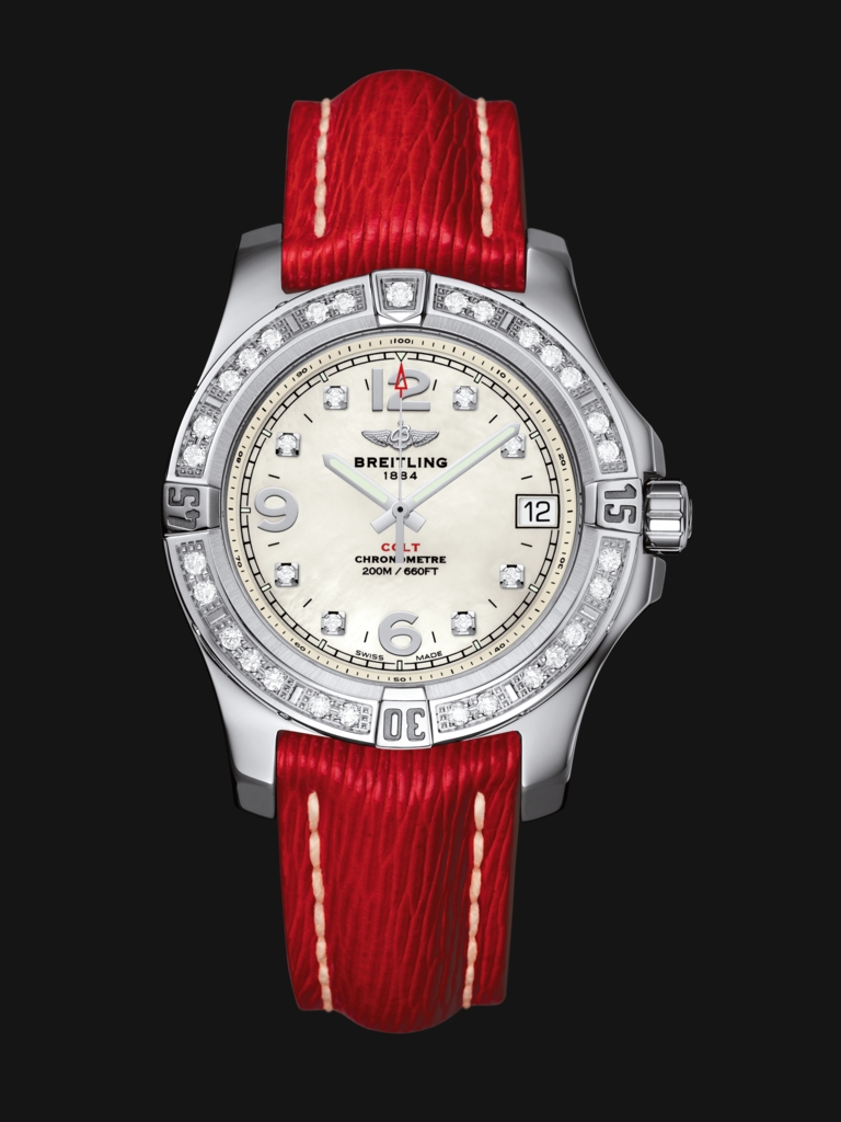 The white dials copy watches have red leather straps.