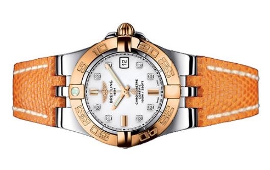 The white dials fake watches have orange straps.