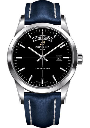 The blue strap fake watch has a black dial.